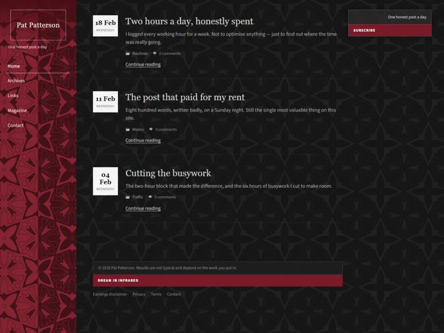 A blog rendered in the Dream In Infrared design