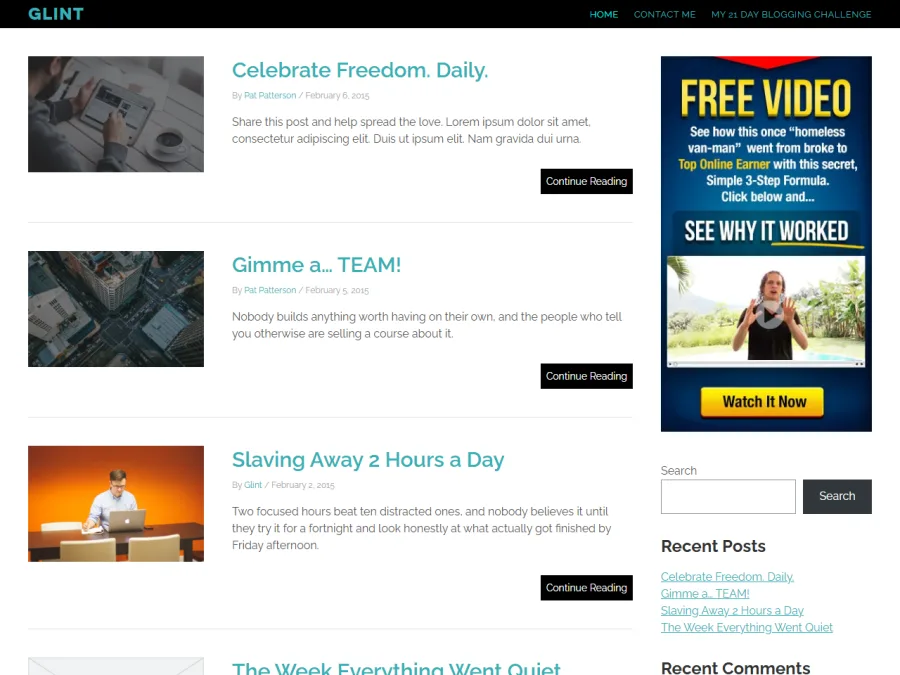 A blog rendered in the Glint design