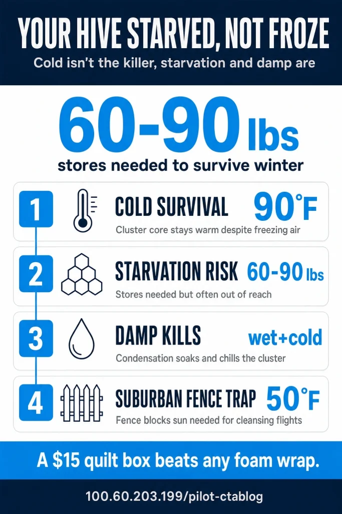 YOUR HIVE STARVED, NOT FROZE: Cold isn't the killer, starvation and damp are